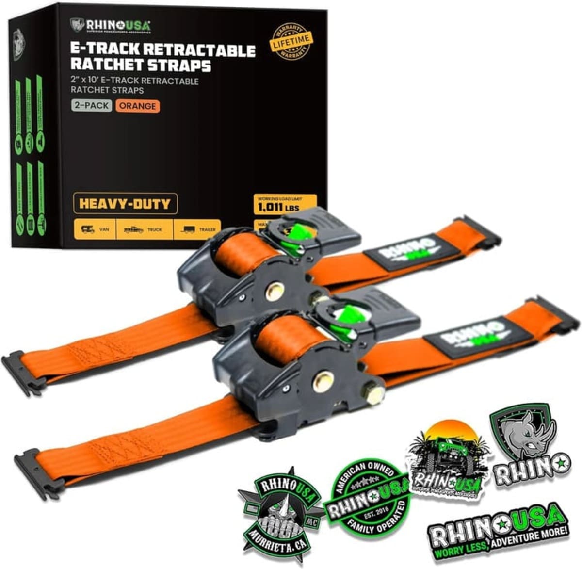 Rhino USA 2" x 10' Retractable E-Track Ratchet Straps
