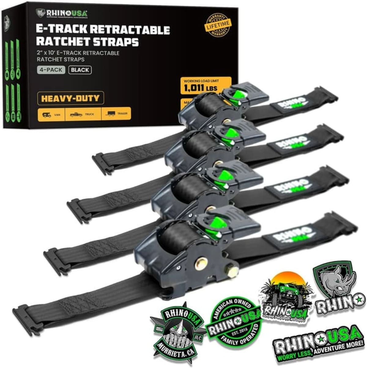Rhino USA 2" x 10' Retractable E-Track Ratchet Straps