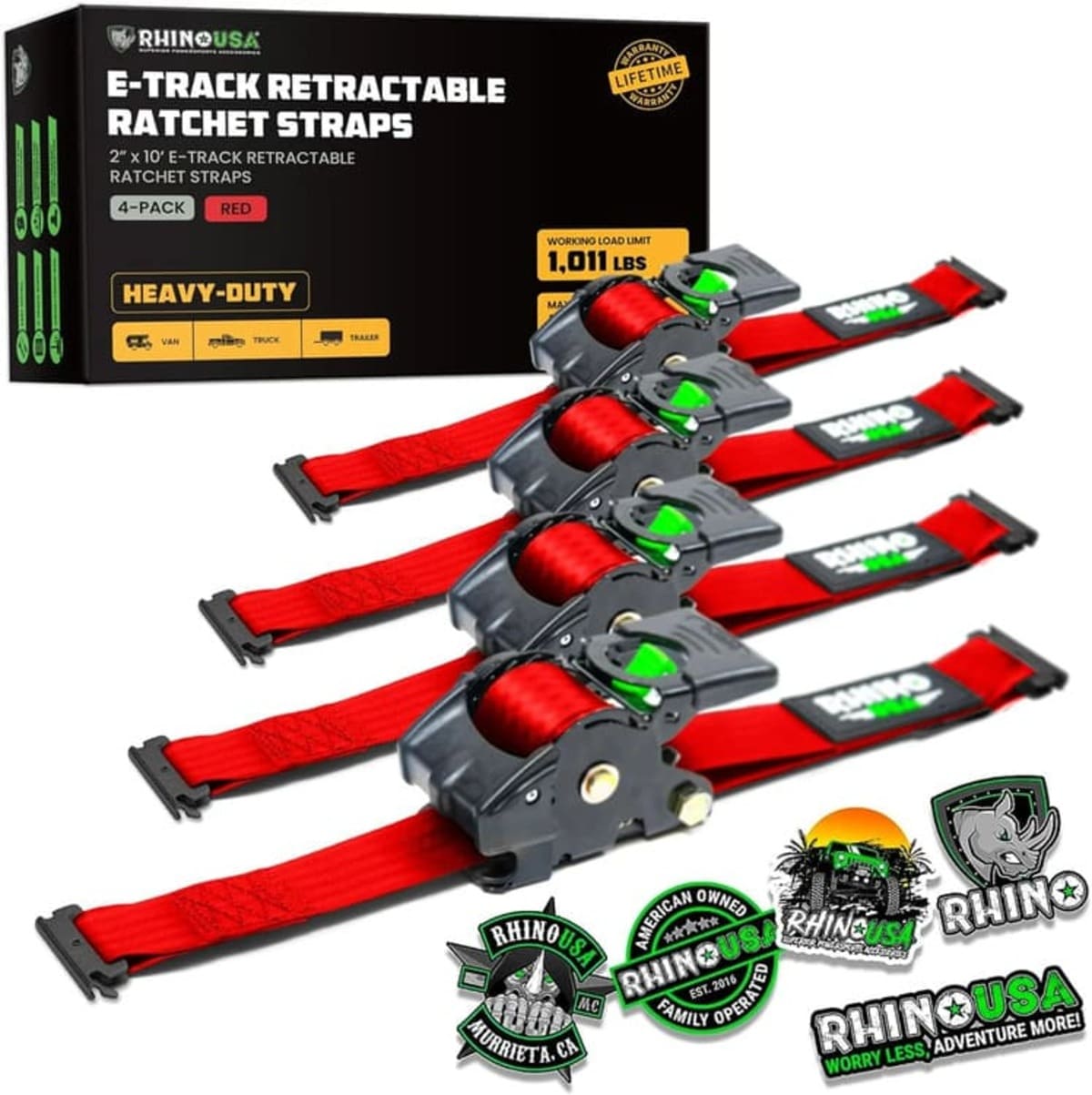 Rhino USA 2" x 10' Retractable E-Track Ratchet Straps