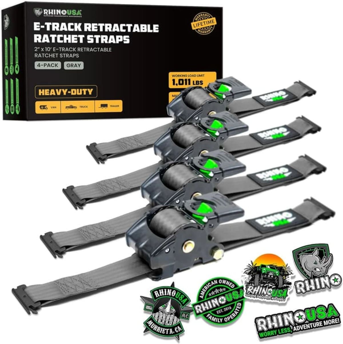 Rhino USA 2" x 10' Retractable E-Track Ratchet Straps