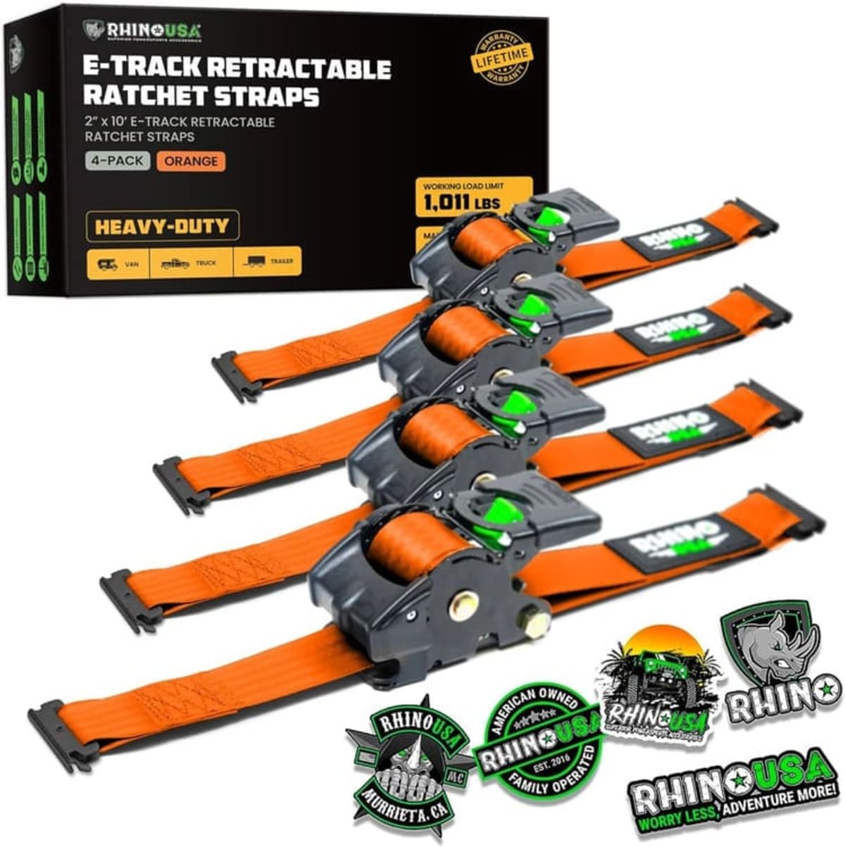 Rhino USA 2" x 10' Retractable E-Track Ratchet Straps
