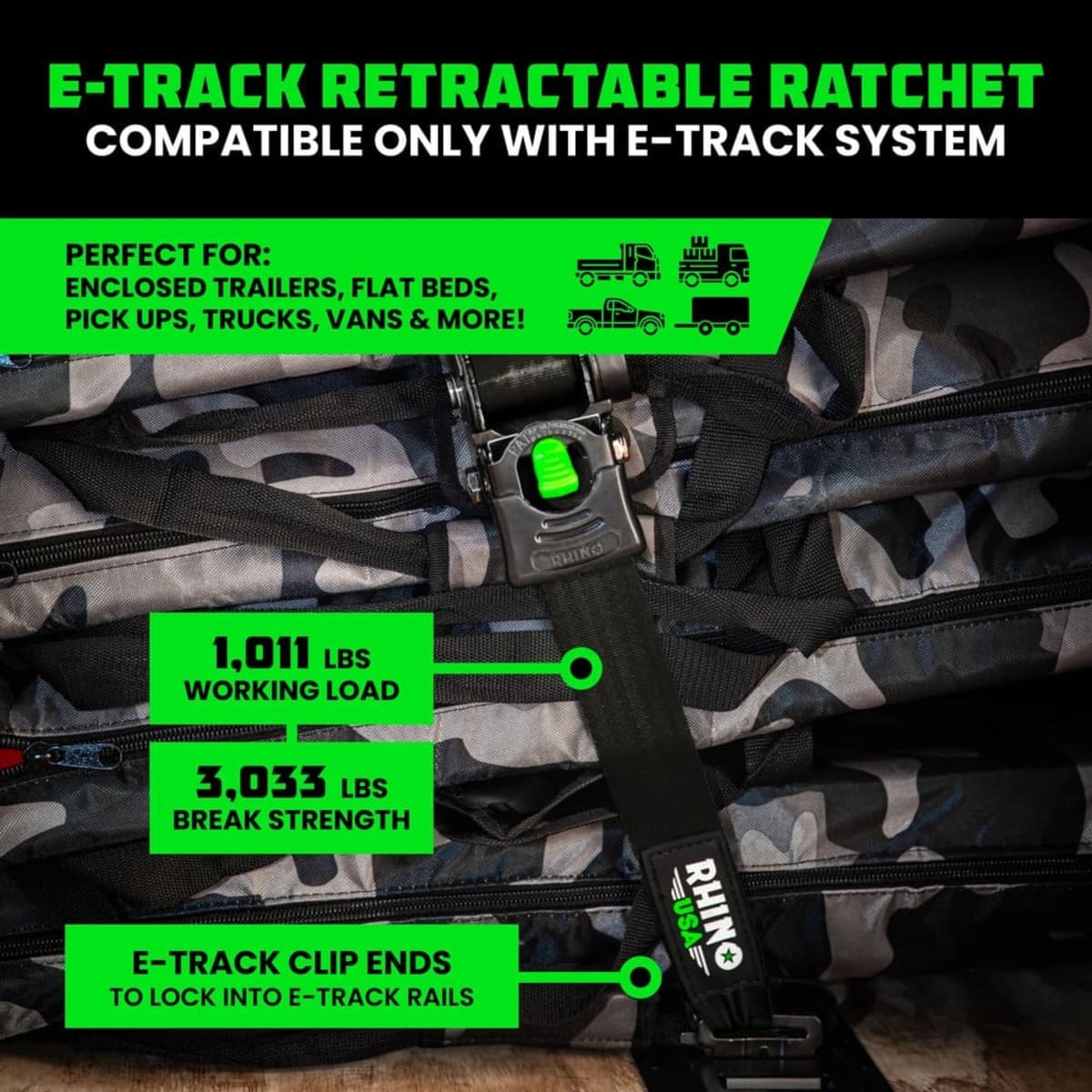 Rhino USA 2" x 10' Retractable E-Track Ratchet Straps