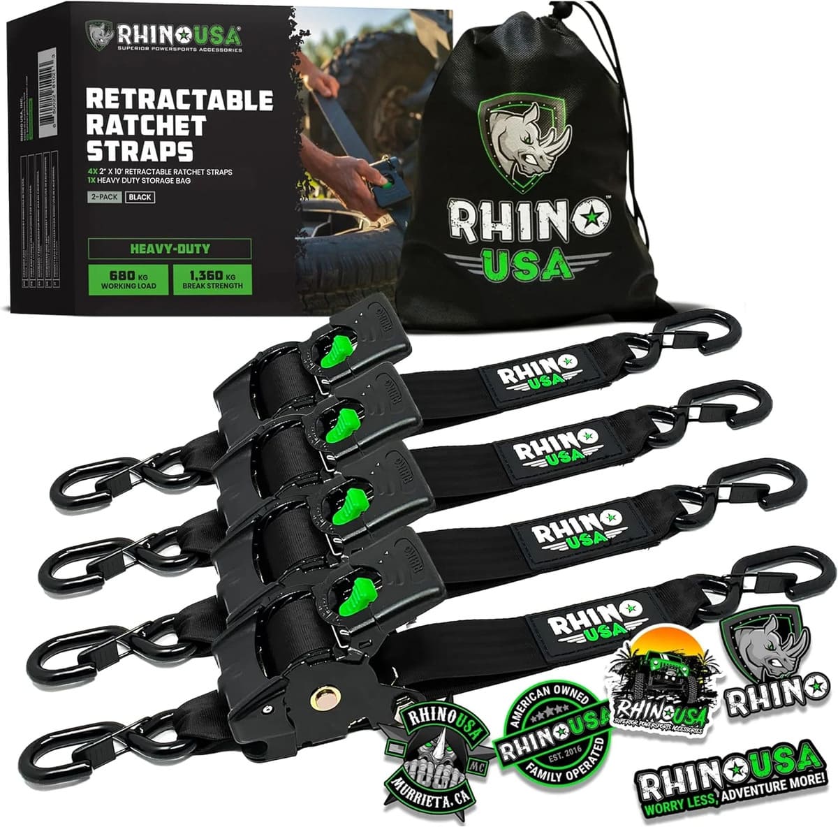 Rhino USA 2" x 10' Retractable Ratchet Straps
