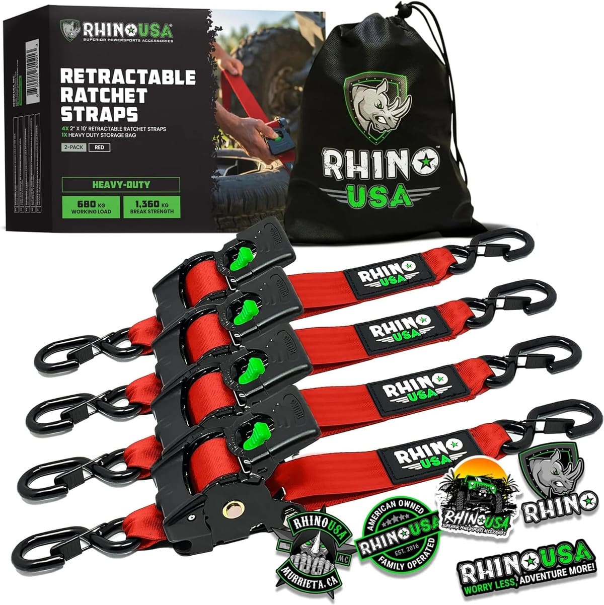 Rhino USA 2" x 10' Retractable Ratchet Straps