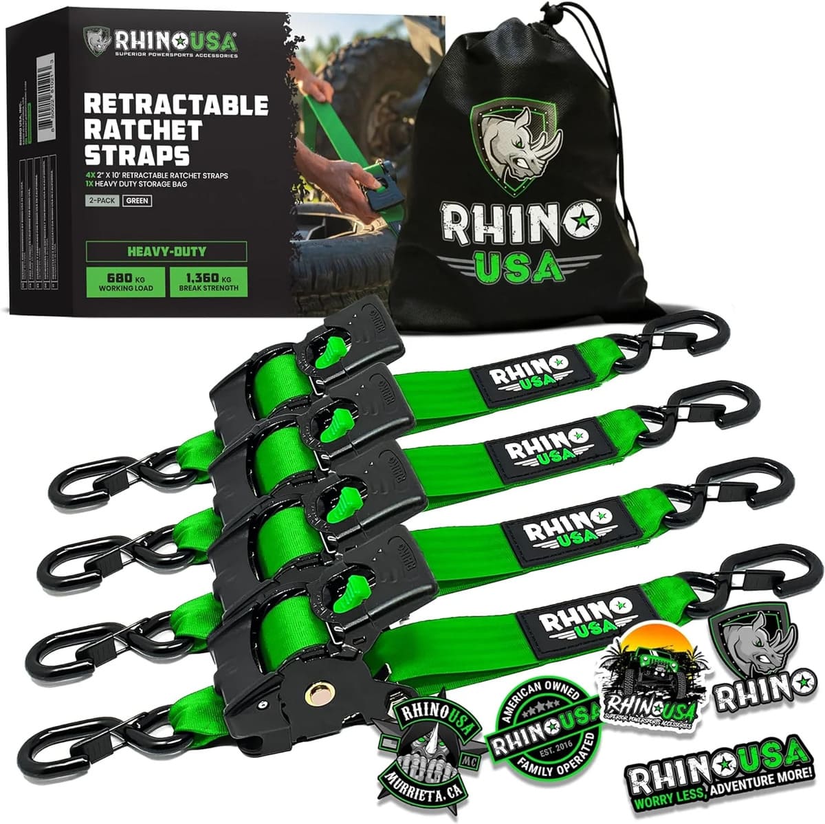 Rhino USA 2" x 10' Retractable Ratchet Straps