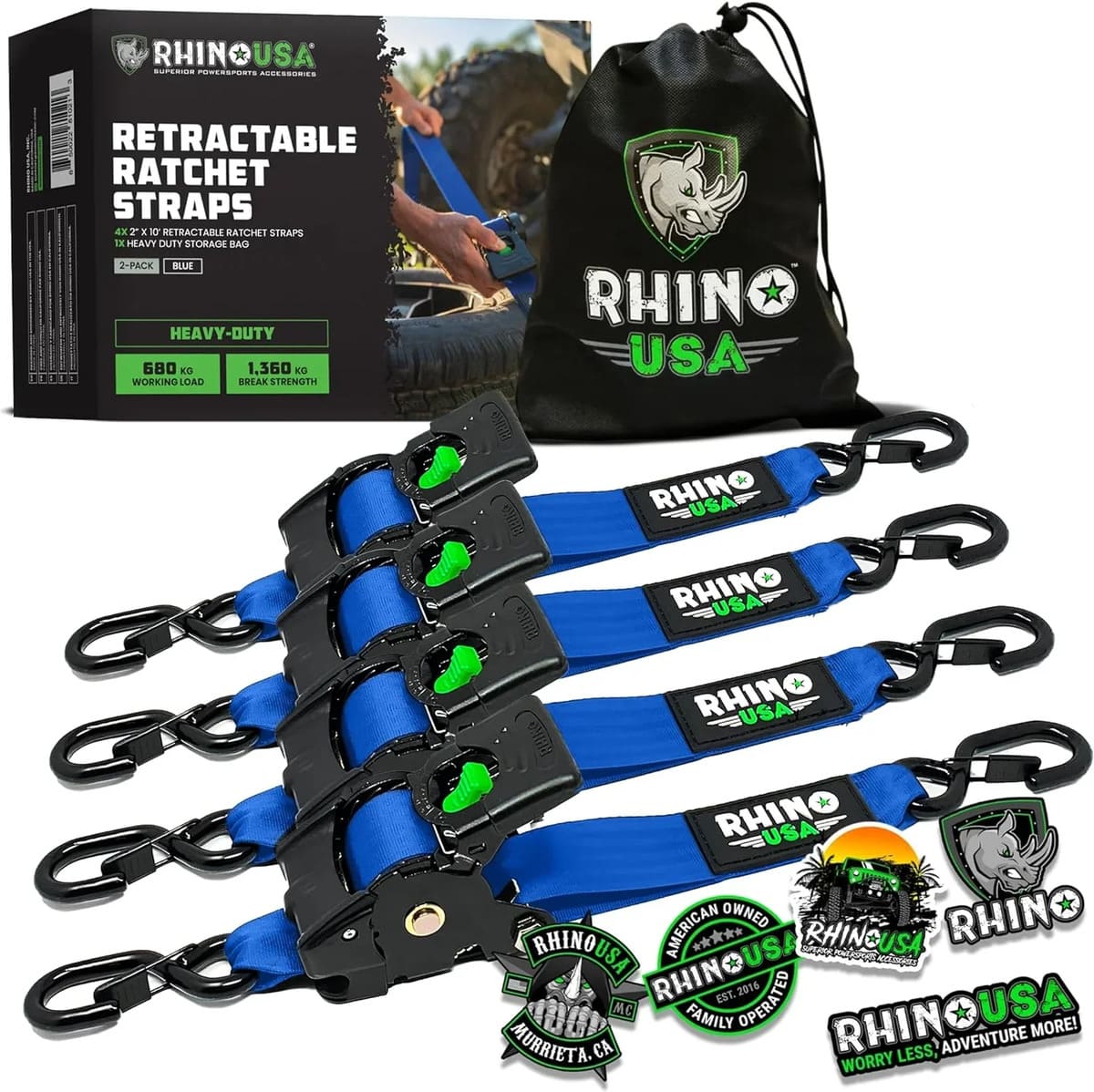 Rhino USA 2" x 10' Retractable Ratchet Straps