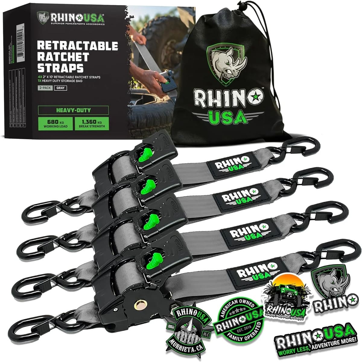 Rhino USA 2" x 10' Retractable Ratchet Straps