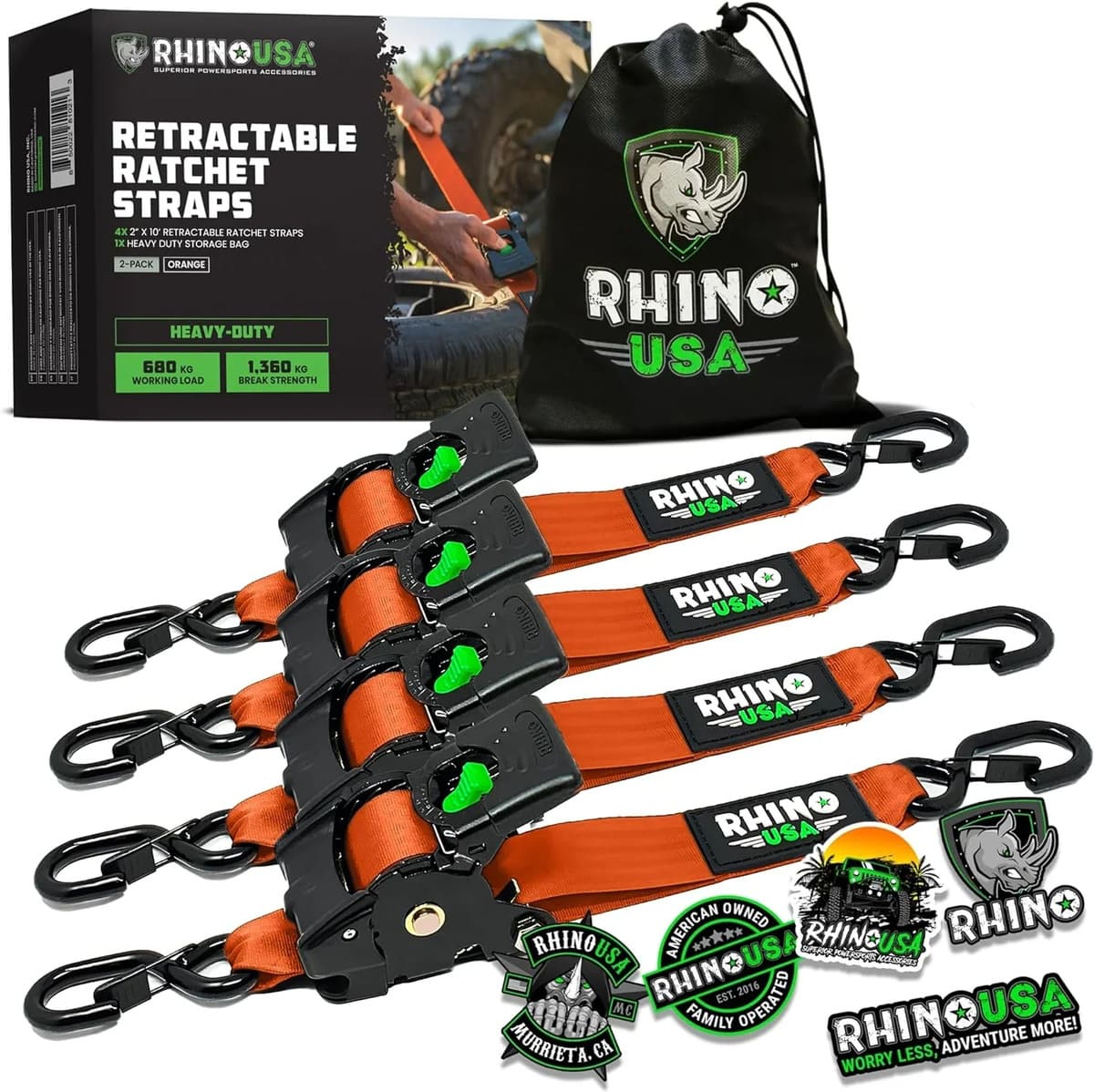 Rhino USA 2" x 10' Retractable Ratchet Straps