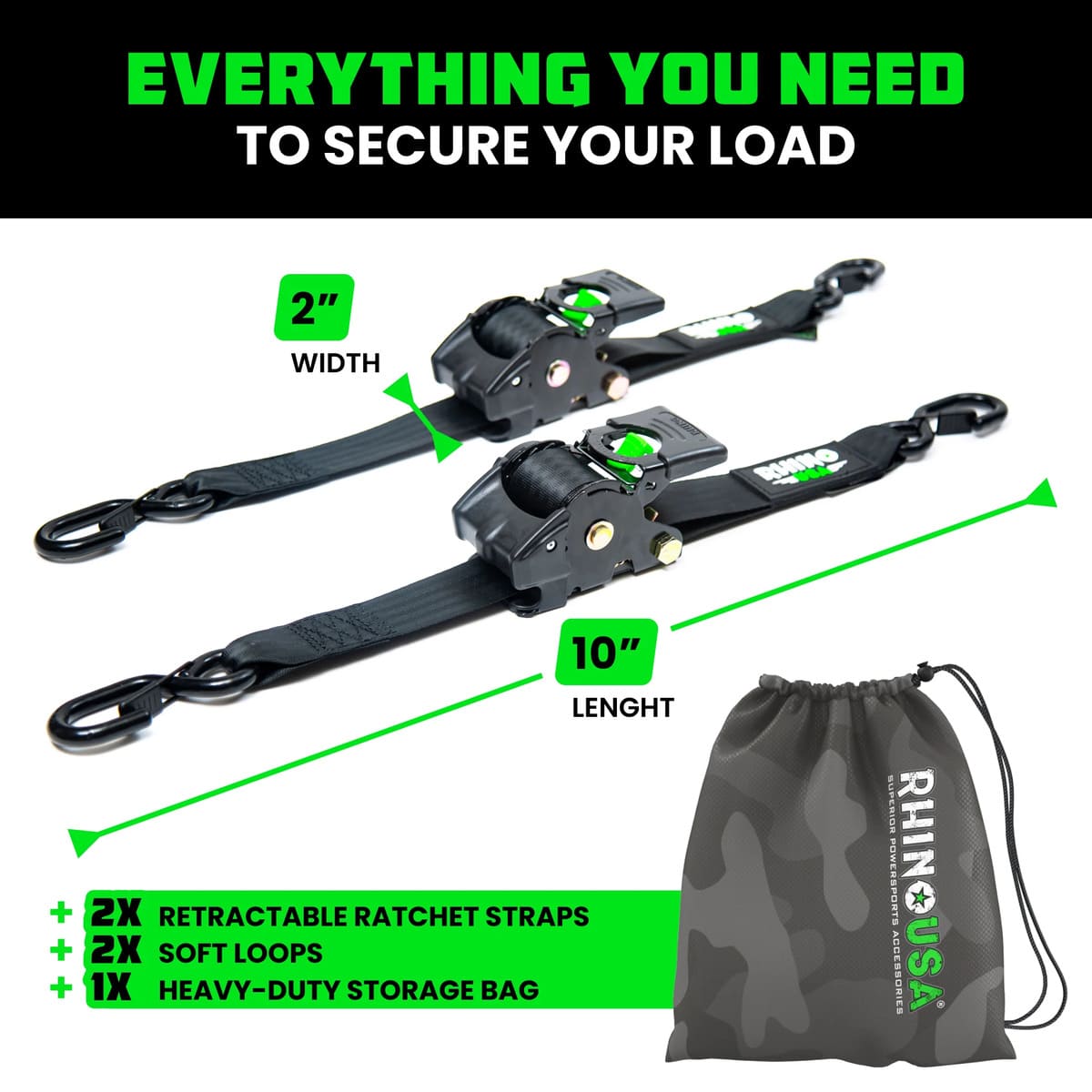 Rhino USA 2" x 10' Retractable Ratchet Straps