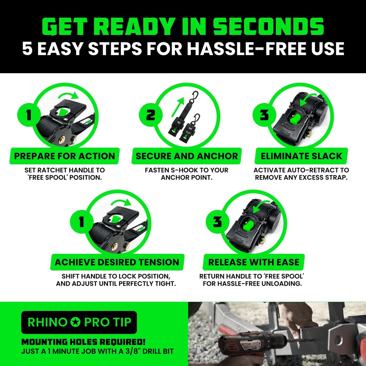 Rhino USA 2" x 43" Retractable Transom 2-Pack Tie-Down Straps