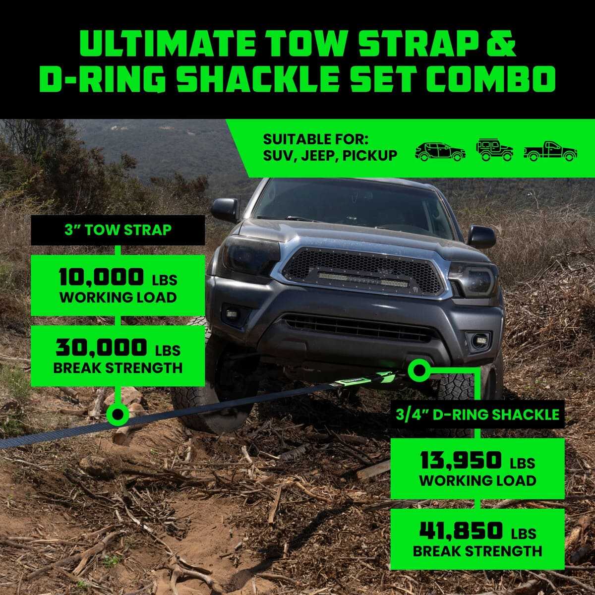 Rhino USA 20' Tow Strap & D-Ring Shackle Set Combo