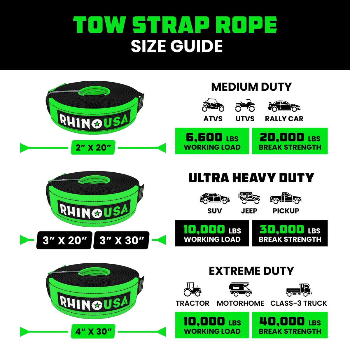 Rhino USA 20' Tow Strap & D-Ring Shackle Set Combo