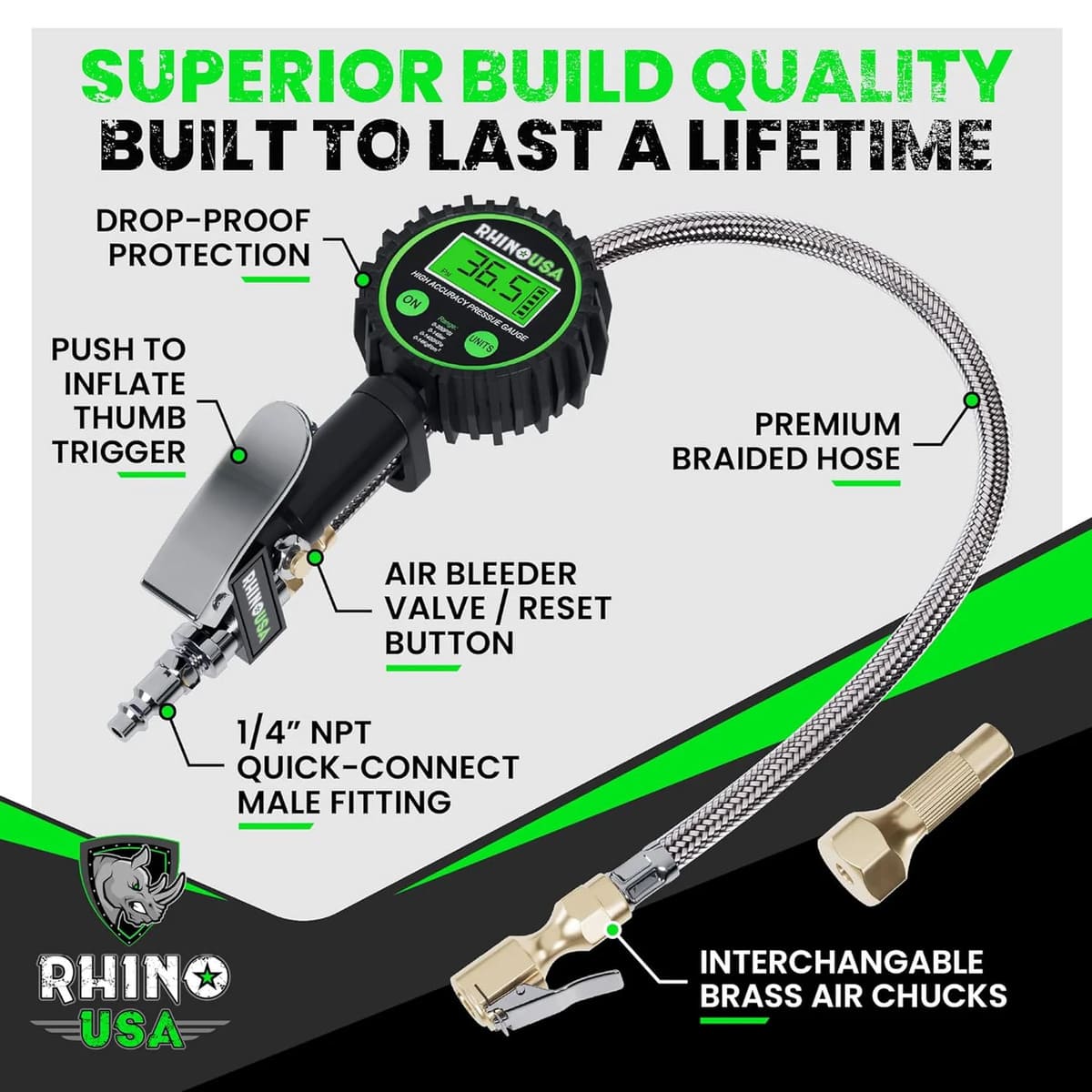 Rhino USA 200 PSI Tire Inflator Gauge