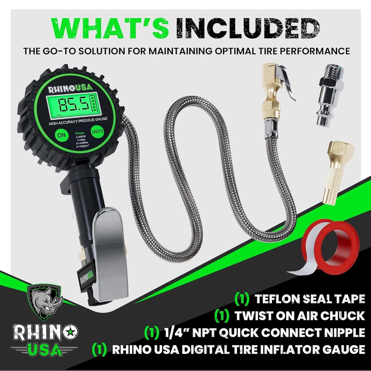 Rhino USA 200 PSI Tire Inflator Gauge