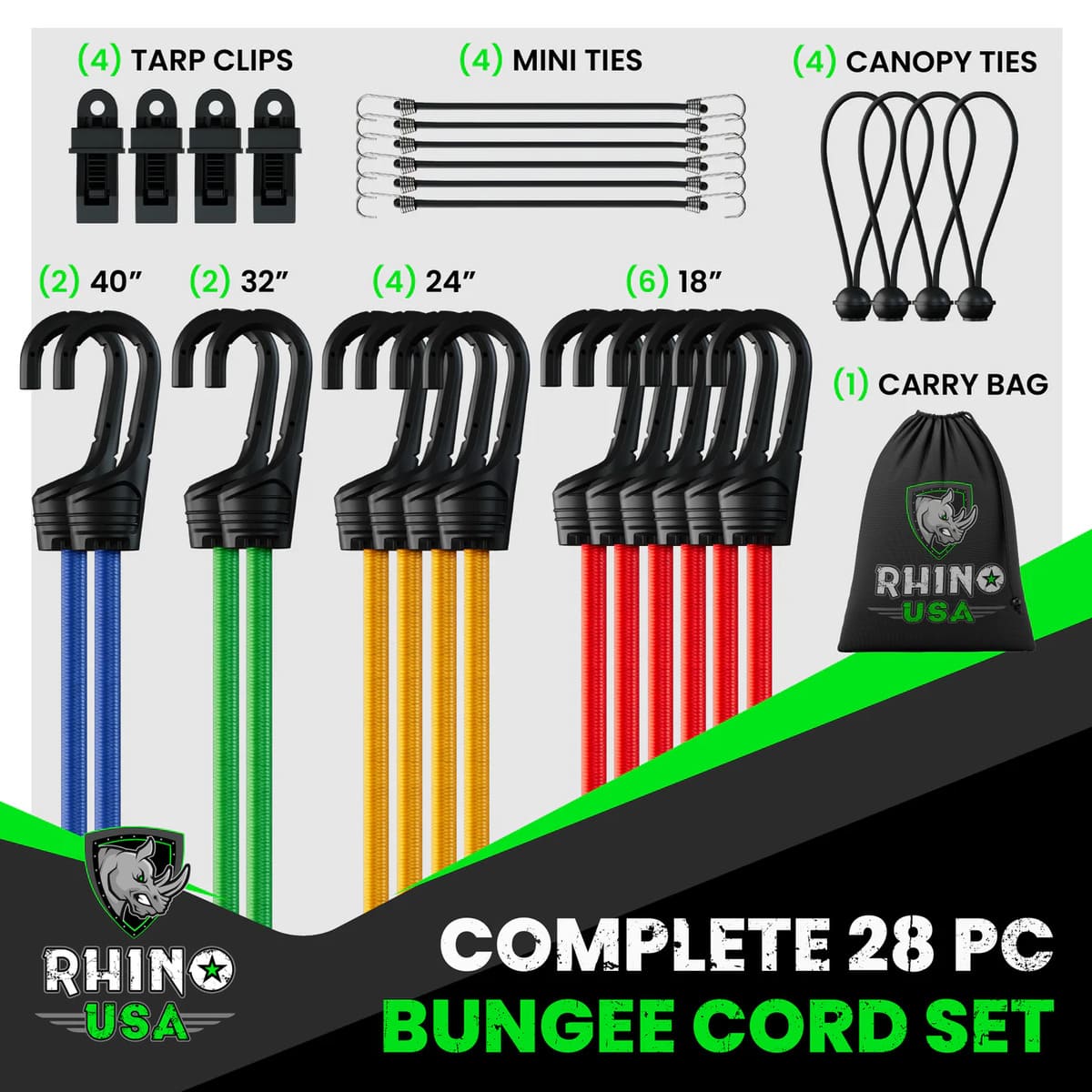 Rhino USA 28 Piece Bungee Cord Set
