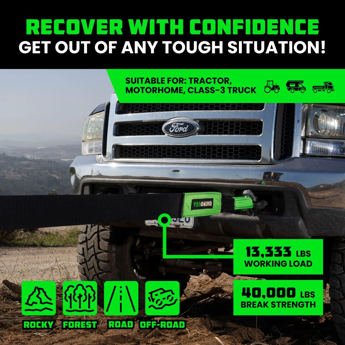 Rhino USA 4" x 30' Ultimate Recovery Tow Strap