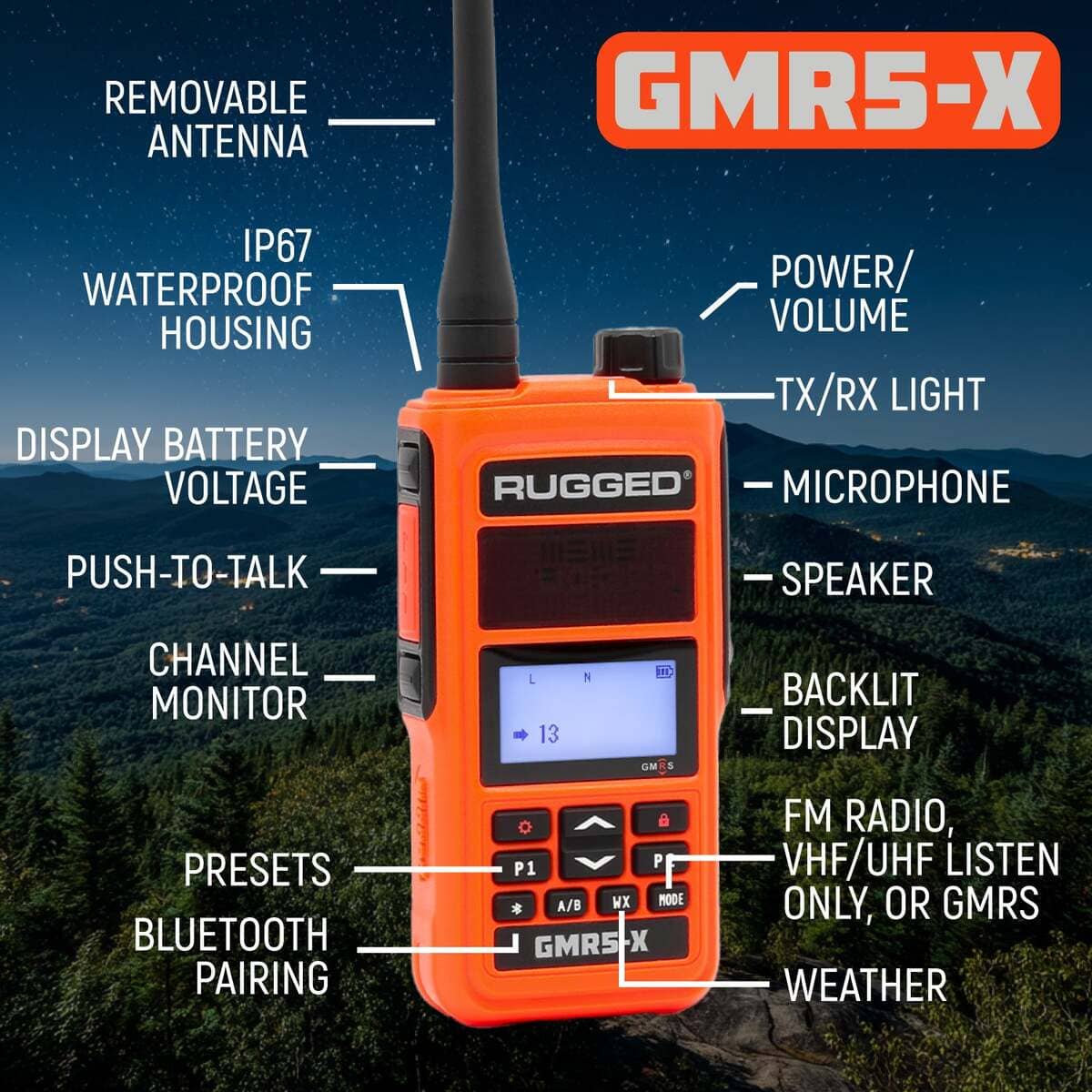 Rugged Radios GMR5-X/ 5W GMRS Handheld Radio - Waterproof w/ XL Battery
