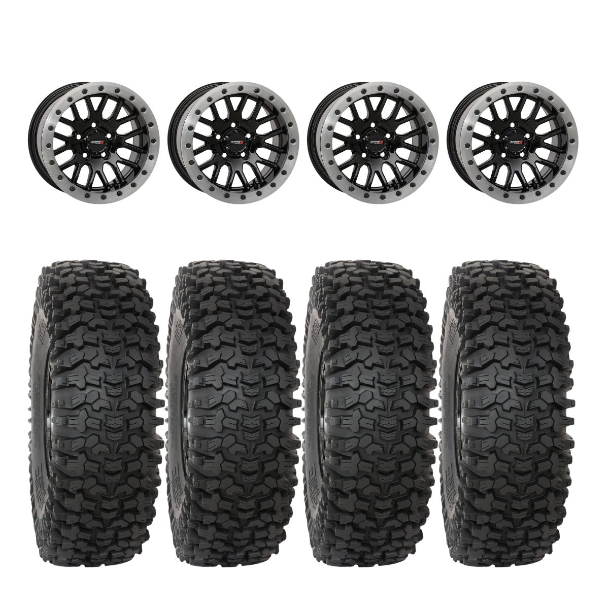System 3 Gloss Black w/Matte Brushed Ring SB-9 Beadlock & System 3 RC500 10 Ply Rock Crawler Wheel & Tire Kit