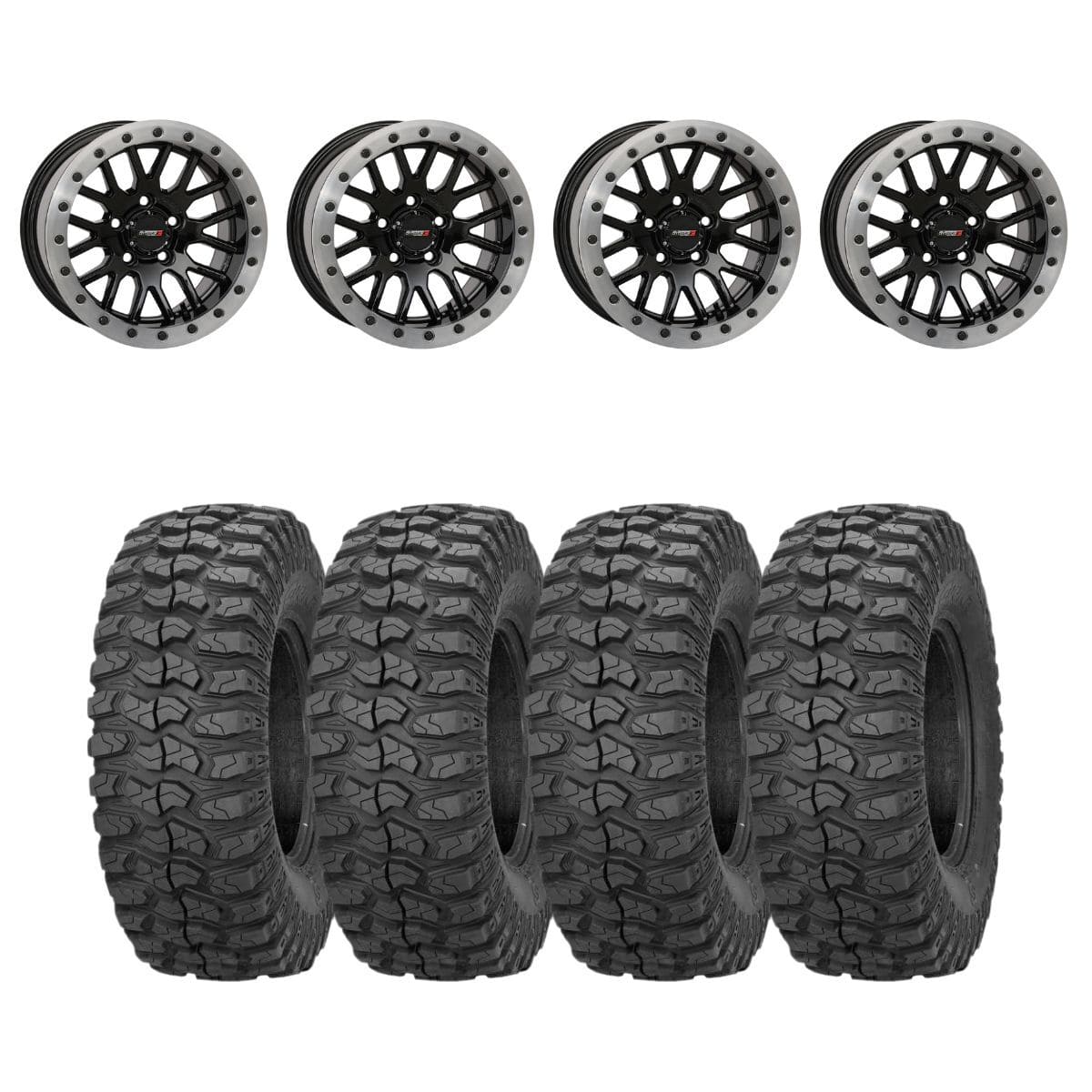 System 3 Gloss Black With Matte Brushed Ring SB-9 Beadlock & Sedona Rockabilly Wheel & Tire Kit