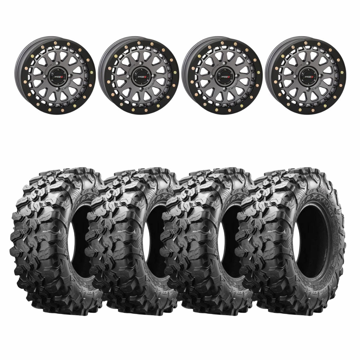 System 3 Gunmetal Grey SB-6 Beadlocks & Maxxis Radial Carnivore Wheel & Tire Kit