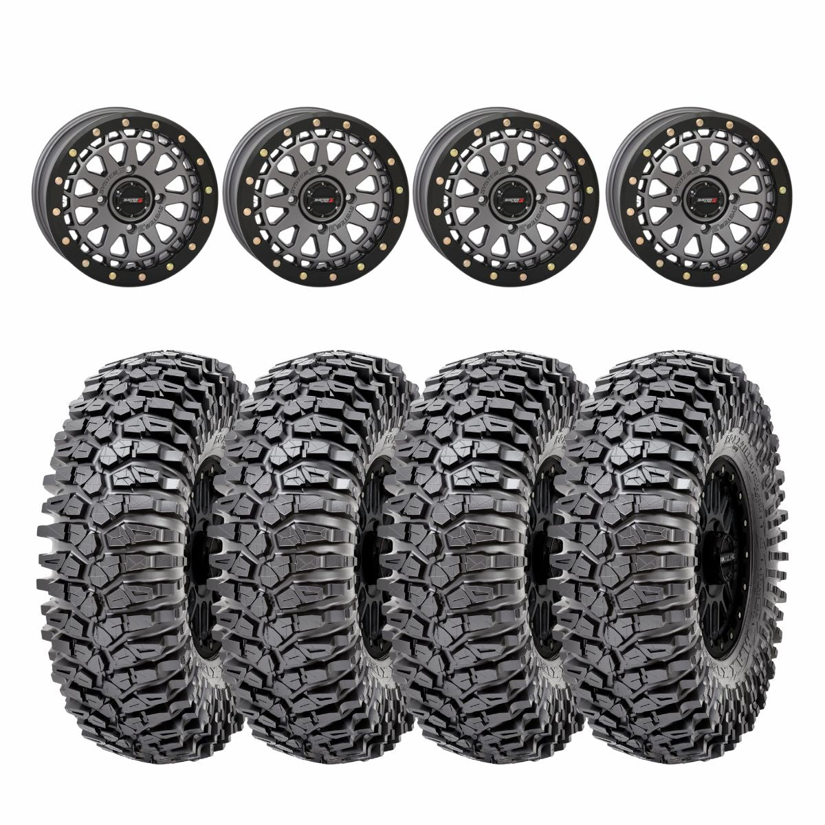 System 3 Gunmetal Grey SB-6 Beadlocks & Maxxis Radial Roxxzilla Wheel & Tire Kit
