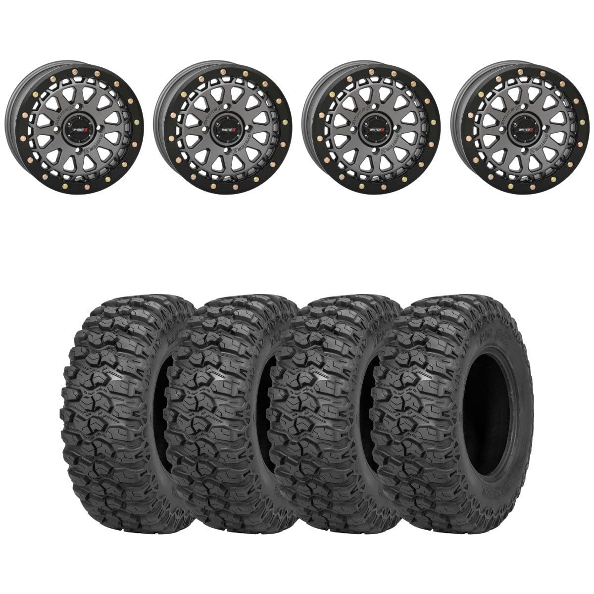 System 3 Gunmetal Grey SB-6 Beadlocks & Sedona Trail Saw Wheel & Tire Kit