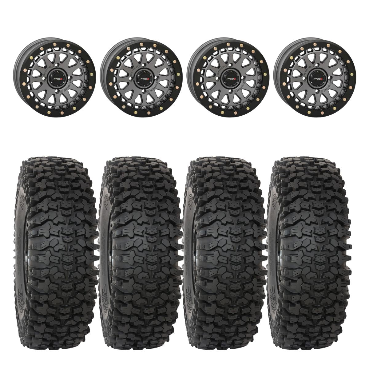 System 3 Gunmetal Grey SB-6 Beadlocks & System 3 RC500 10 Ply Rock Crawler Wheel & Tire Kit