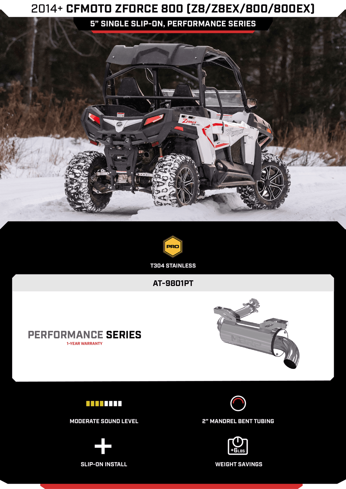 MBRP 5" Slip-on Muffler, 2014-2022 CFMOTO ZFORCE 800 (Z8/ Z8EX/ 800/ 800EX) Performance Series