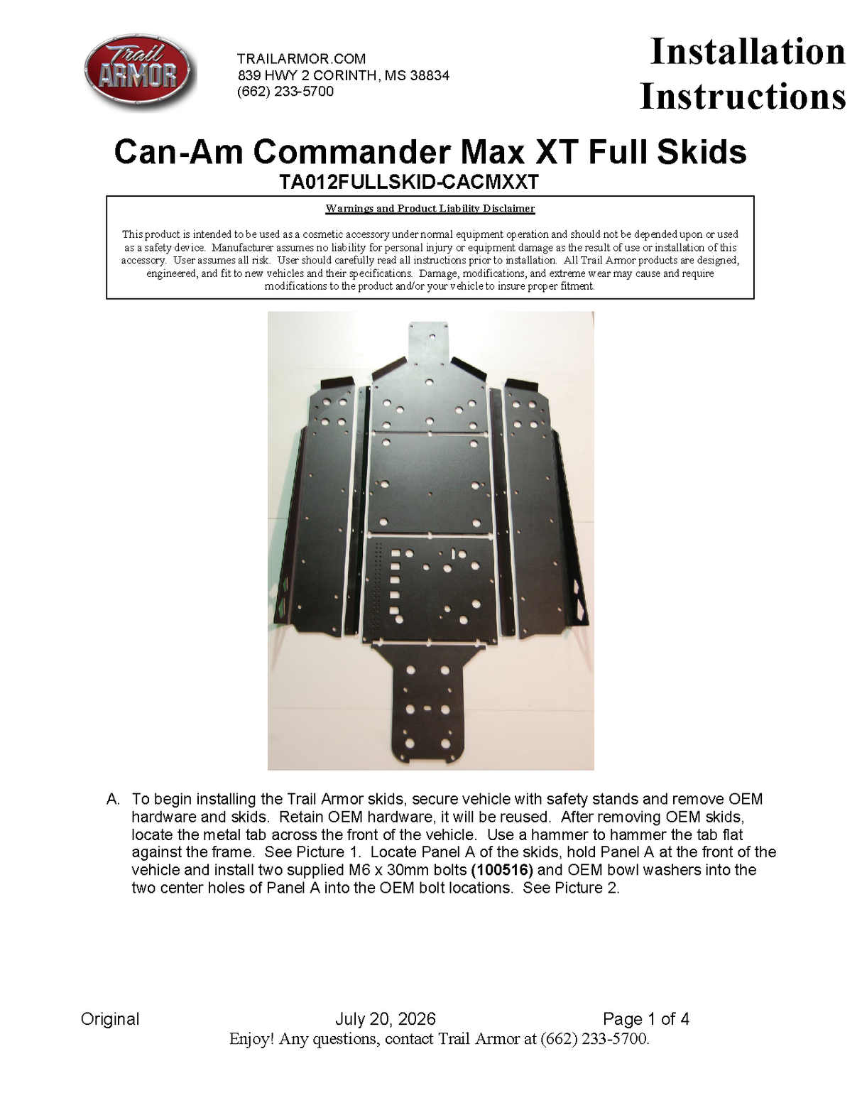 Trail Armor '14-'20 Can-Am Commander Max 1000 XT Full Skid Plate w/ Integrated Nerfs Slider