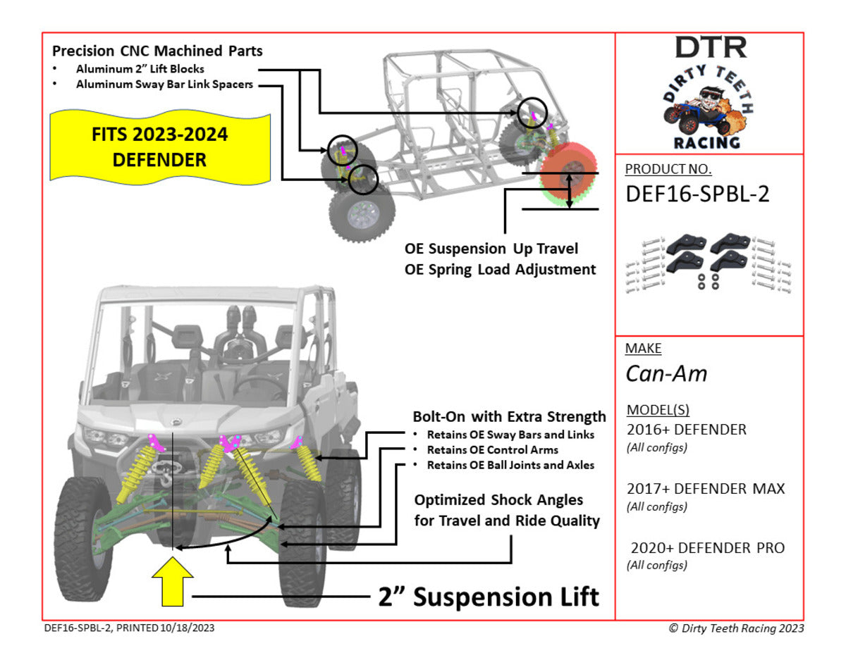 Dirty Teeth Racing '18-'25 Can-Am Defender 6×6 Billet 2″ Lift Kit