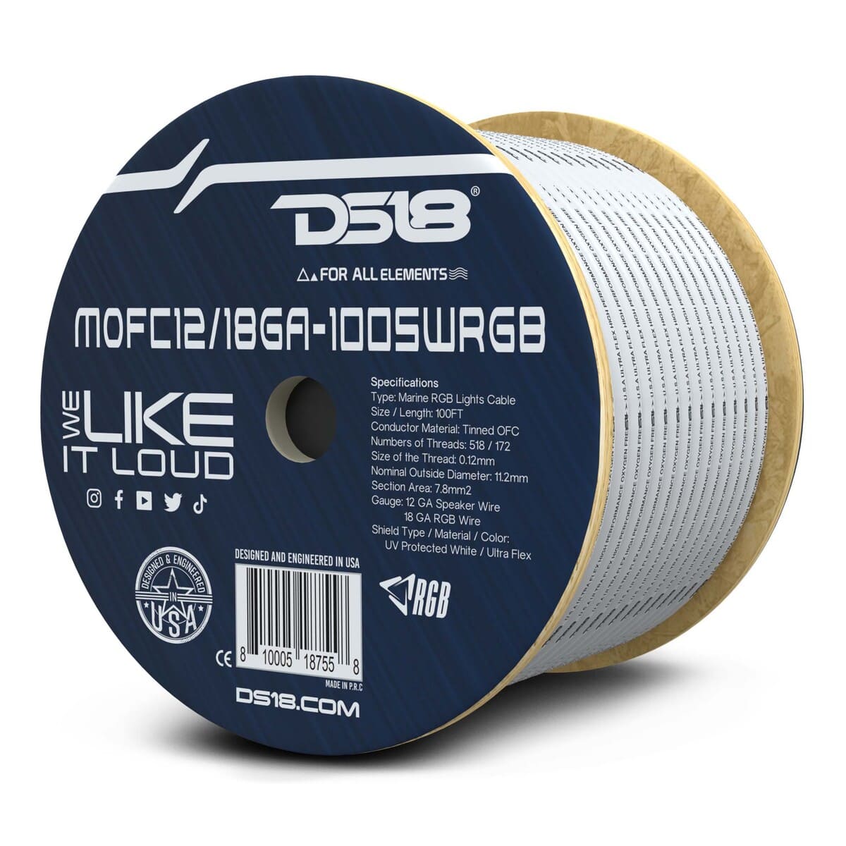 DS18 Marine Tinned OFC 18-GA RGB Wires w/12-GA Speaker Wires 100 Feet