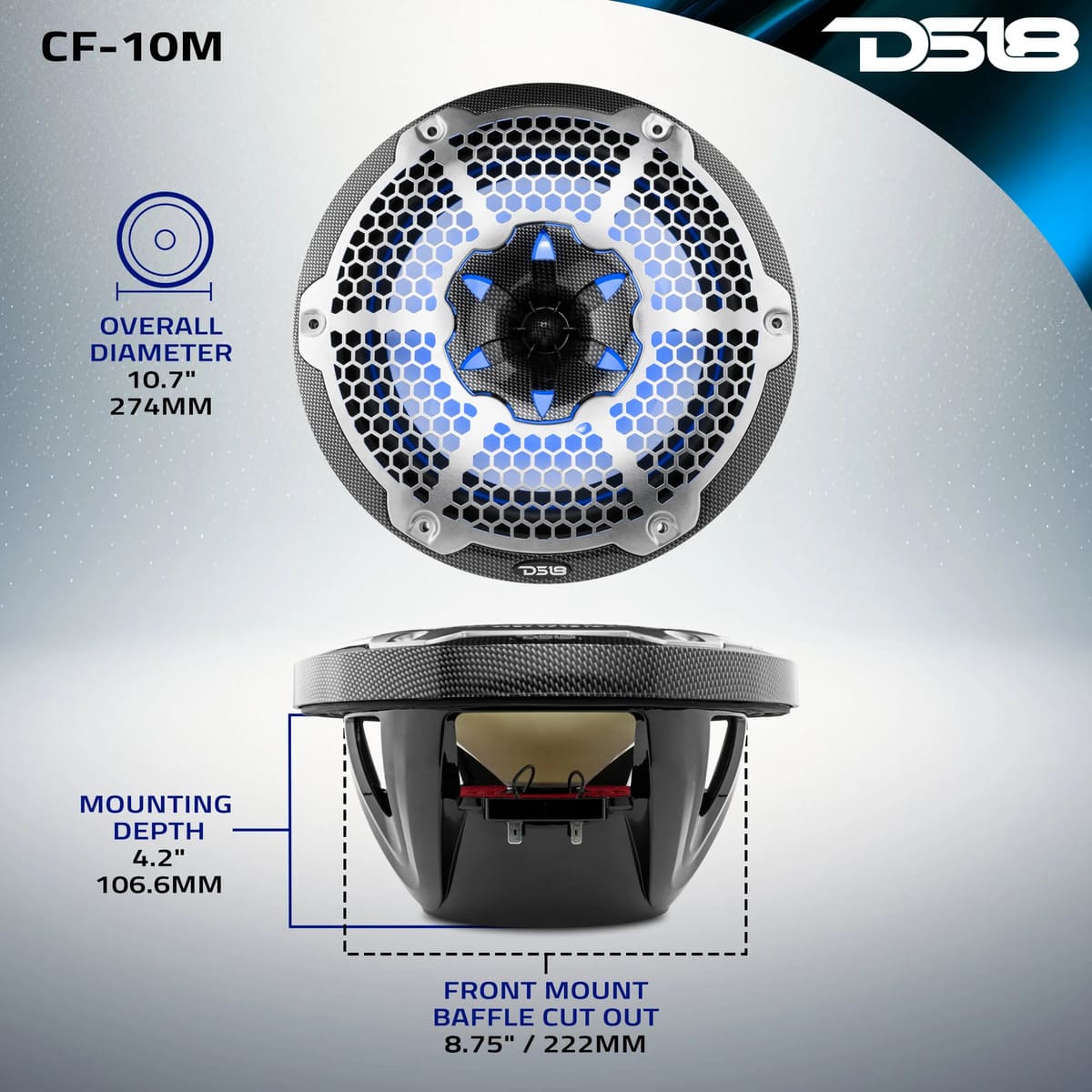 DS18 NXL 10" 2-Way Coaxial Marine Speaker with RGB LED Lights 200 Watts RMS 4-Ohm