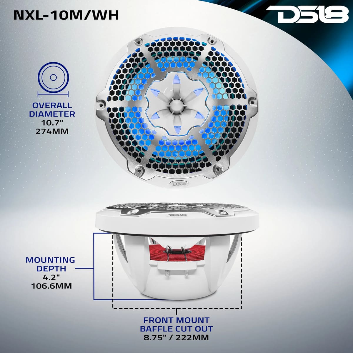 DS18 NXL 10" 2-Way Coaxial Marine Speaker with RGB LED Lights 200 Watts RMS 4-Ohm