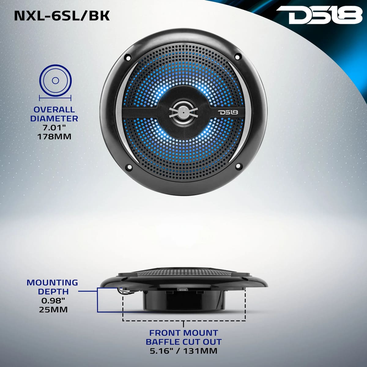 DS18 NXL 6.5" 2-Way Coaxial Marine Shallow Speaker w/ 25 Watts RMS 4-Ohm RGB LED Lights