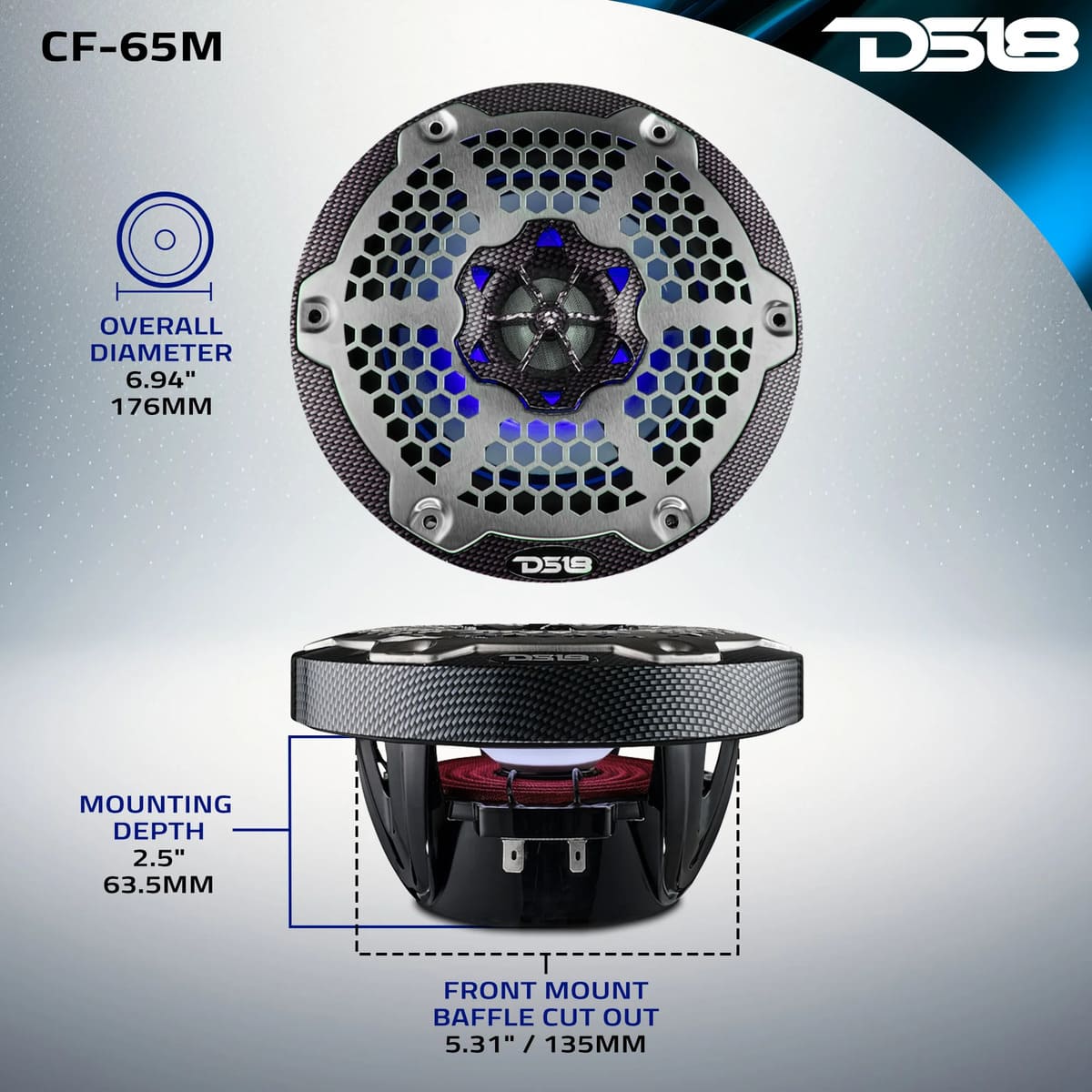 DS18 NXL 6.5" 2-Way Coaxial Marine Speaker w/ 100 Watts RMS 4-Ohm RGB LED Lights - Black Carbon Fiber