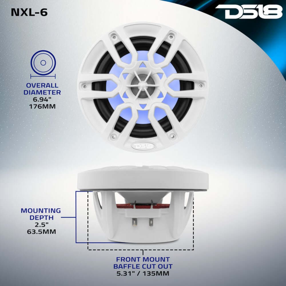 DS18 NXL 6.5" 2-Way Coaxial Marine Speaker w/ 100 Watts RMS 4-Ohm RGB LED Lights
