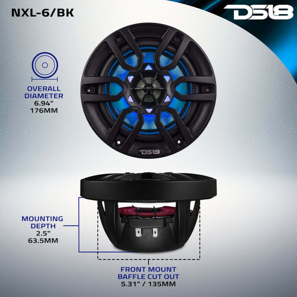 DS18 NXL 6.5" 2-Way Coaxial Marine Speaker w/ 100 Watts RMS 4-Ohm RGB LED Lights