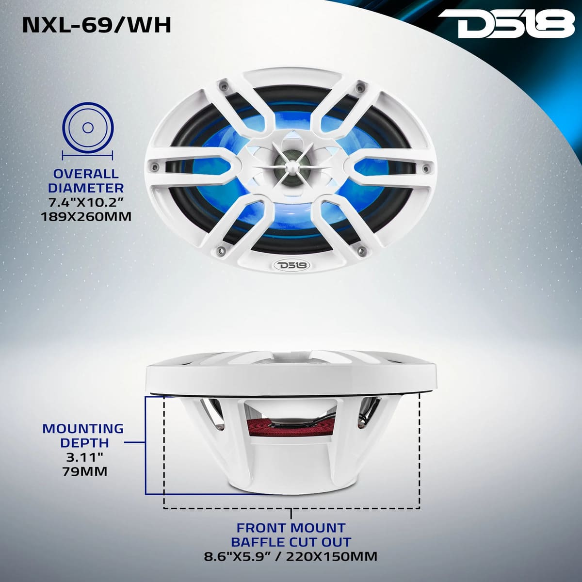 DS18 NXL 6x9" 2-Way Coaxial Marine Speaker w/ 125 Watts RMS 4-Ohm RGB LED Lights