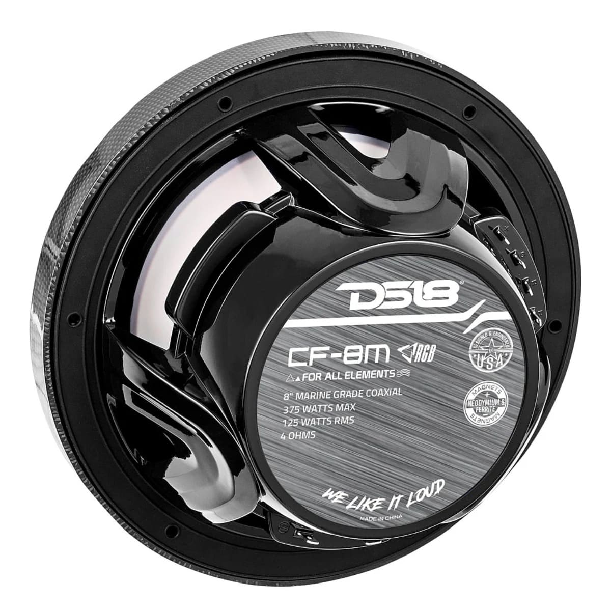 DS18 NXL 8" 2-Way Coaxial Marine Speaker w/ 125 Watts RMS 4-Ohm RGB LED Lights - Black Carbon Fiber
