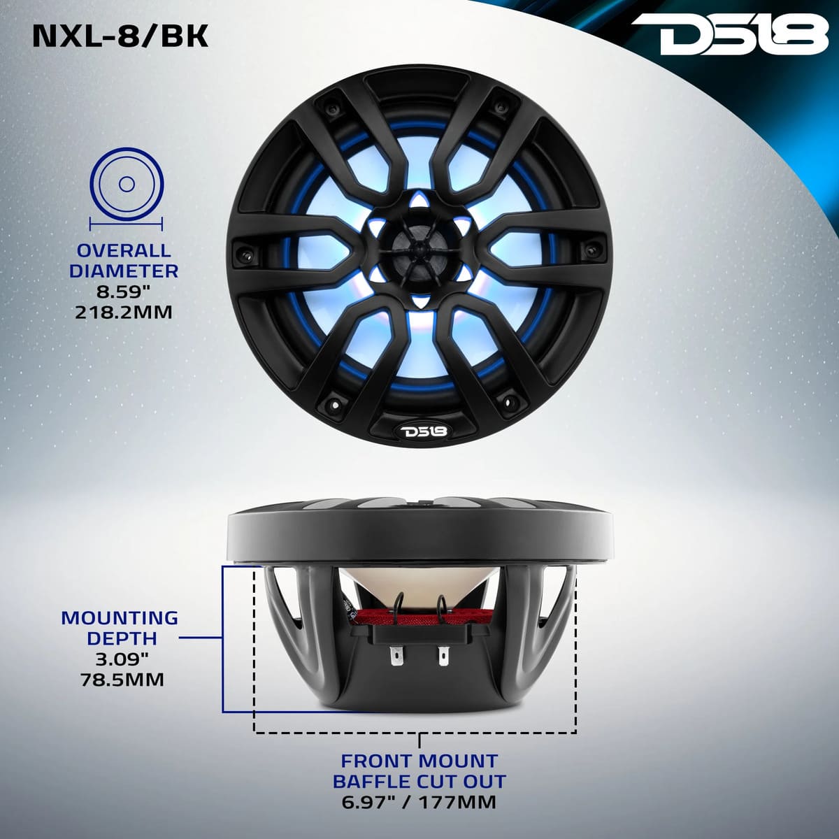 DS18 NXL 8" 2-Way Coaxial Marine Speaker w/ 125 Watts RMS 4-Ohm RGB LED Lights