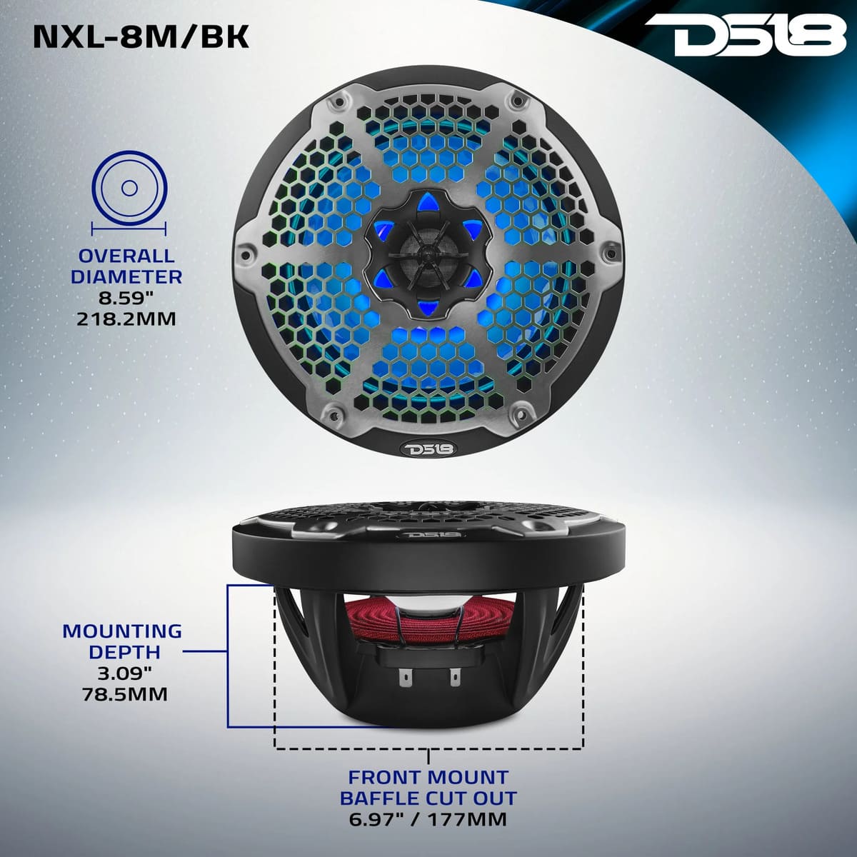 DS18 NXL 8" 2-Way Coaxial Marine Speaker With RGB LED Lights 125 Watts RMS 4-Ohm