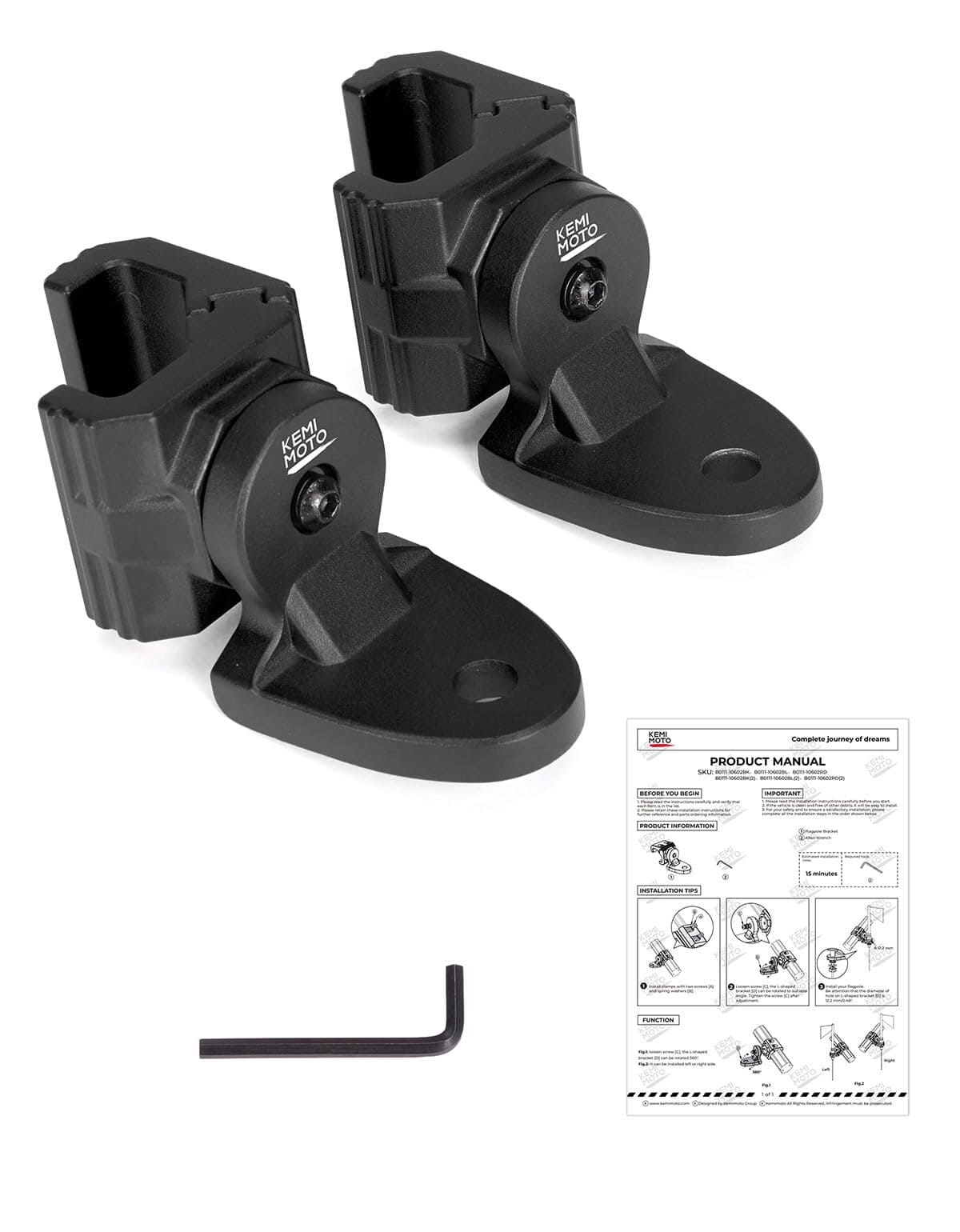 Kemimoto Polaris Ranger UTV Flag Mounts Pro-Fit Cage Whip Light