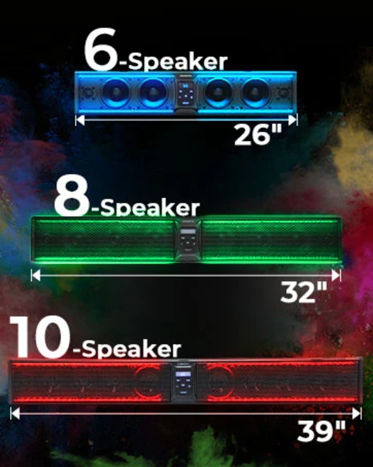 Kemimoto 1.25" - 2' Roll Bar 10 Speaker Aluminum RGB Sound Bar