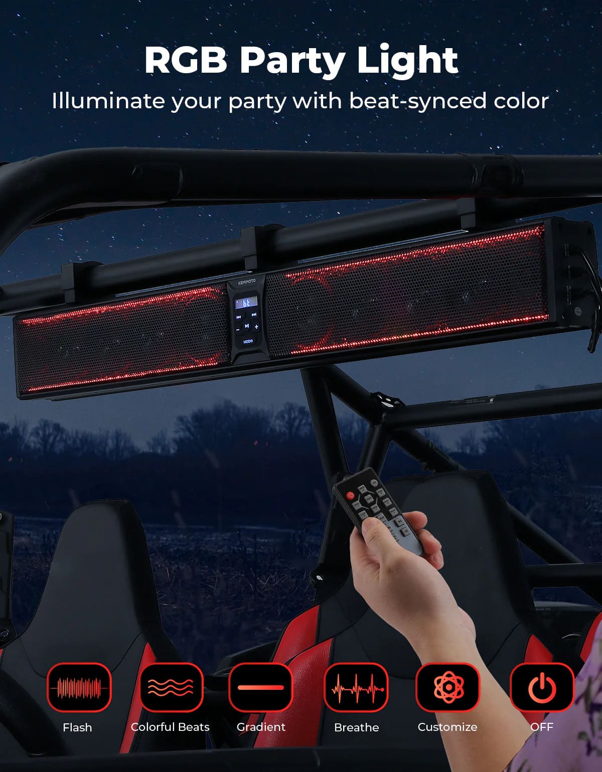 Kemimoto 1.25" - 2' Roll Bar 10 Speaker Aluminum RGB Sound Bar
