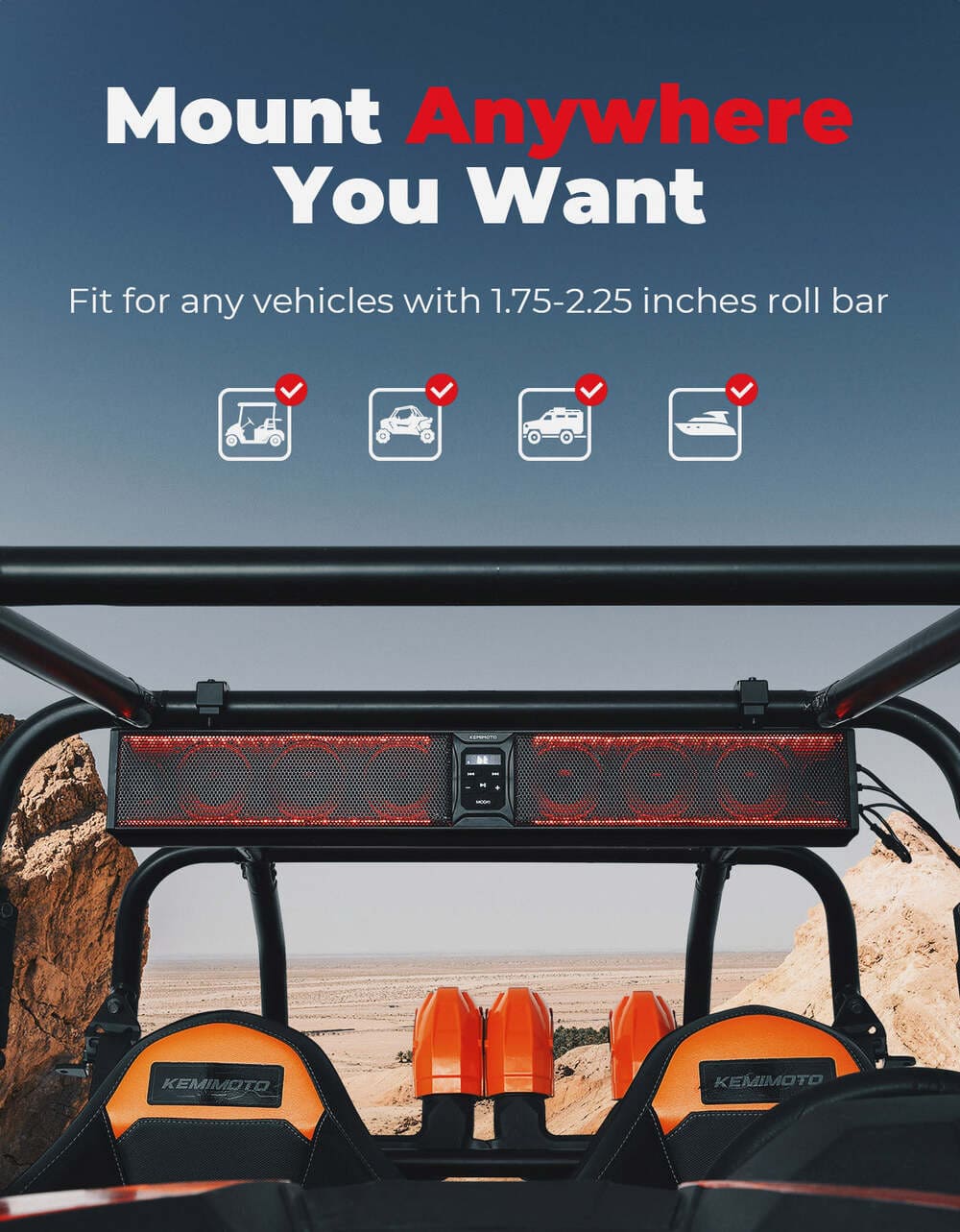 Kemimoto 1.75''-2.25'' Roll Bar 8-Speaker RGB UTV Bluetooth Sound Bar - 33"