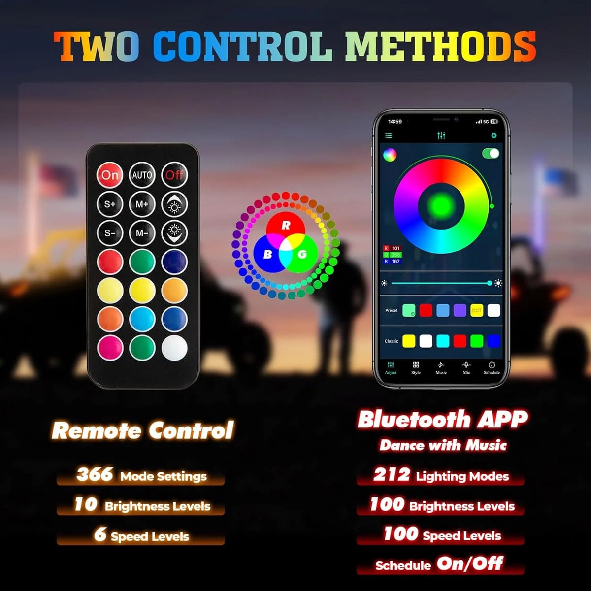 Kemimoto 12V Switch On-Off APP Control & Flag mount & Whip Light w/RF - 2Pcs