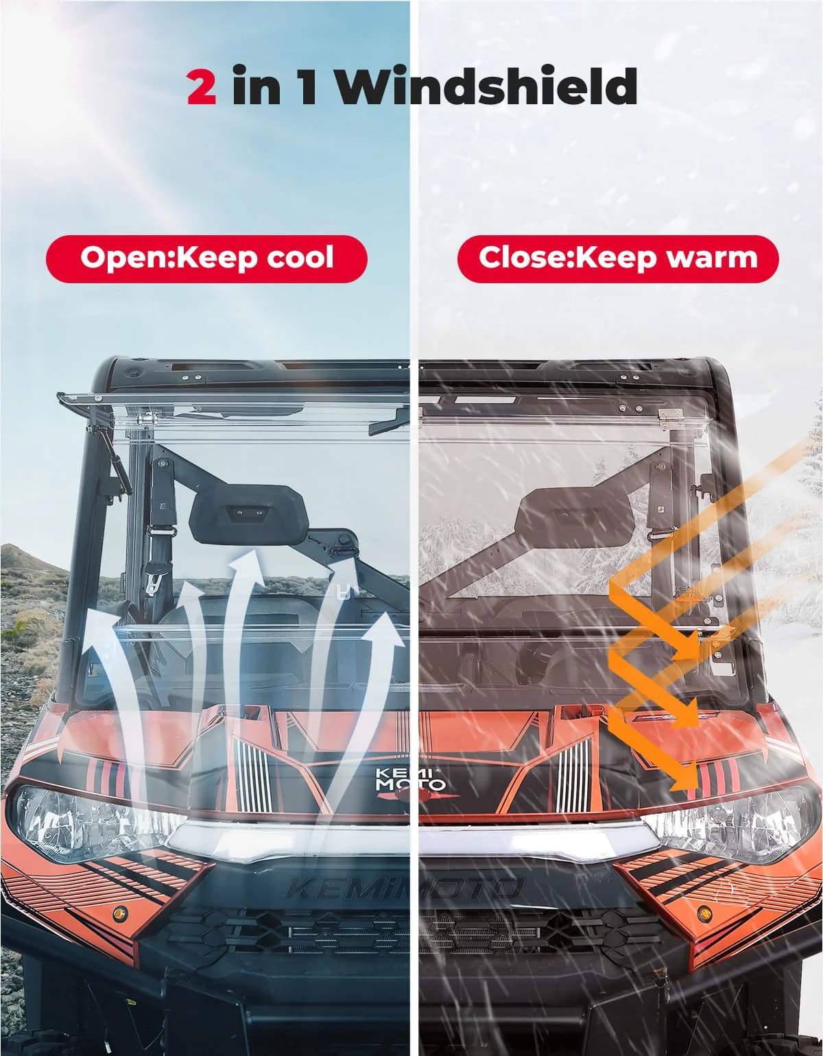 Kemimoto '14-'25 Polaris Ranger XP 1000 2-in-1 Flip Windshield