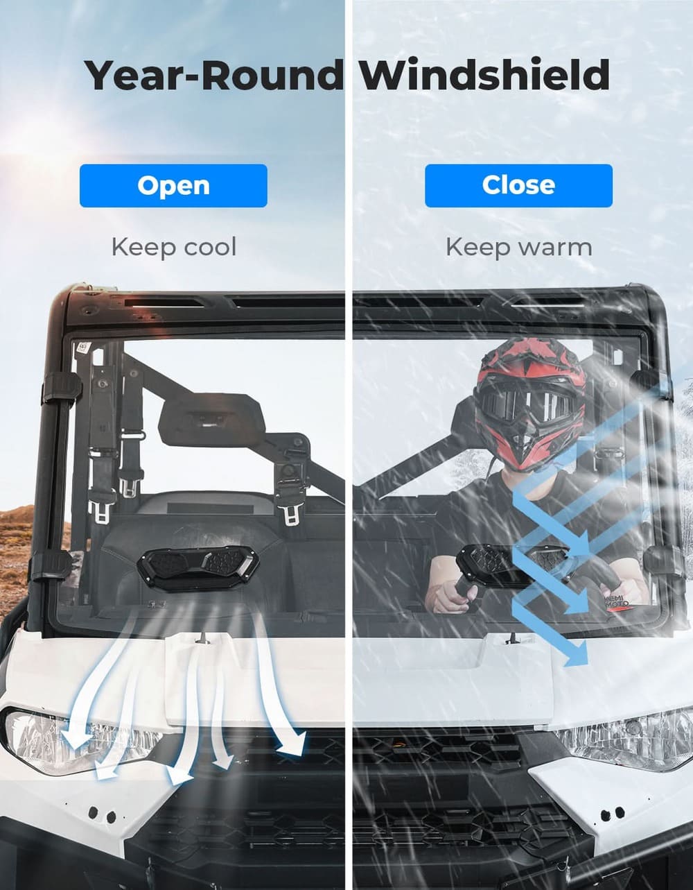 Kemimoto '14-'26 Polaris Ranger XP 1000 3-in-1 Vented Windshield