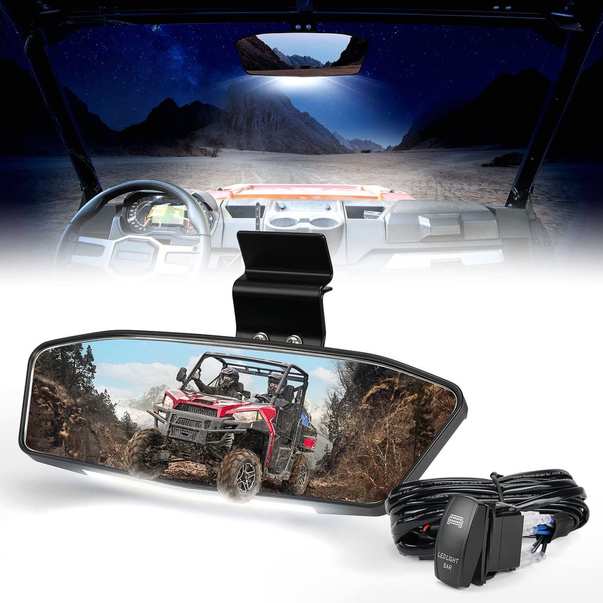 Kemimoto '15-'24 Polaris Ranger XP 1000 UTV Rear View Mirror with Led Light