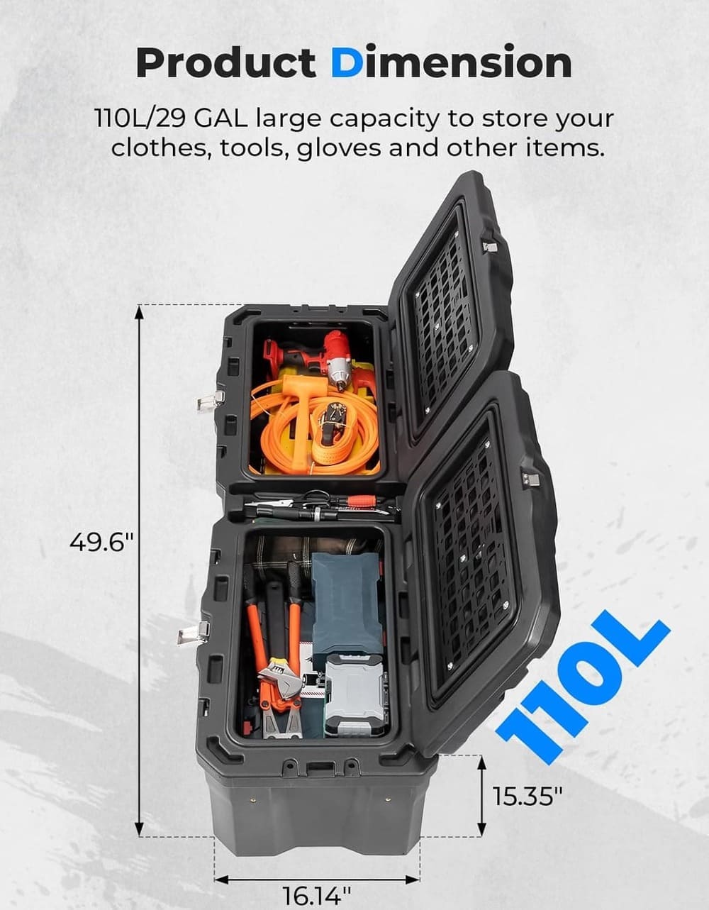 Kemimoto '18-'24 Polaris Ranger XP 1000 UTV Bed Box -29 Gallon